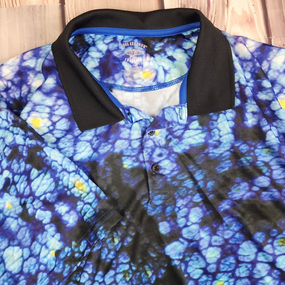 Reel Legends Mens L Freeline‎ Performance Fishing Polo Water Abstract Blue